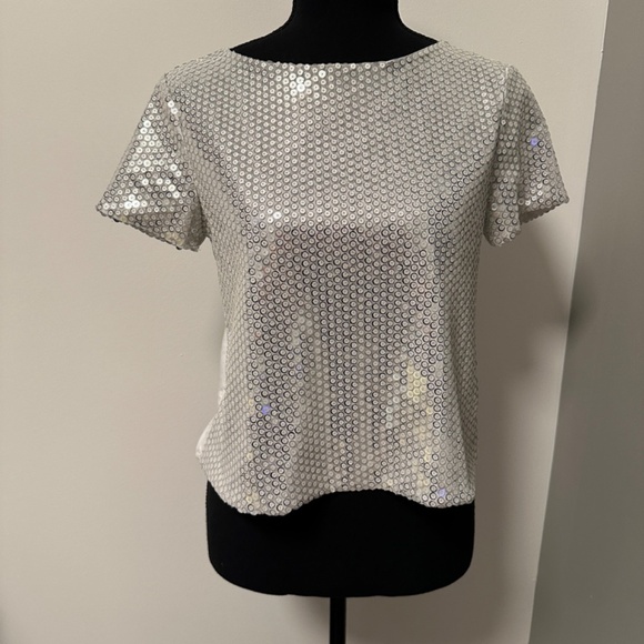 Zara Tops - *ZARA* White x Silver Short Sleeve Sequin Top Size Small
